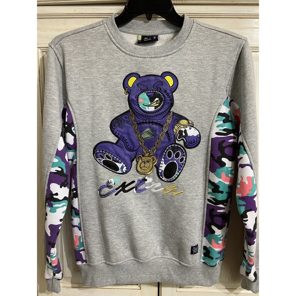 Screenshot Graphic Bear Sz Small Extra Camo Sleeve Sweatshirt  Grey